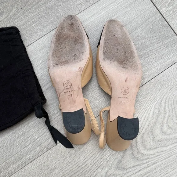 CHANEL Beige and Black Slingback Heels - Picture 6 of 8
